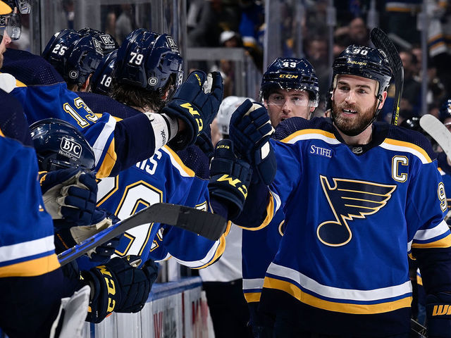 ST. LOUIS, MO - FEBRUARY 14: Ryan O'Reilly #90 of the St. Louis Blues is congratulated after scoring a goal against the Florida Panthers at the Enterprise Center on February 14, 2023 in St. Louis, Missouri.