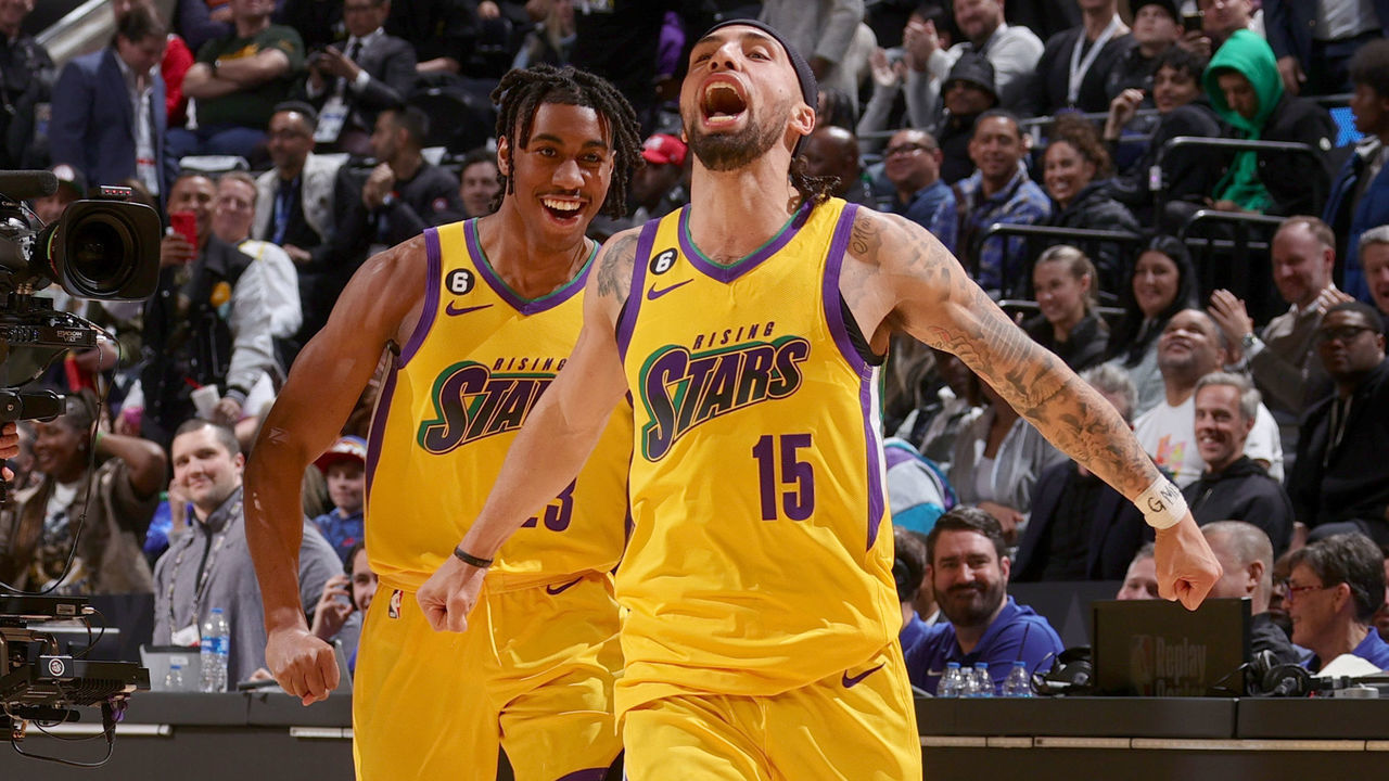 SALT LAKE CITY, UT - FEBRUARY 17: Jose Alvarado #15 of Team Pau celebrates during Jordan Rising Stars Game as part of 2023 NBA All Star Weekend on Friday, February 17, 2023 at Vivint Arena in Salt Lake City, Utah. NOTE TO USER: User expressly acknowledges and agrees that, by downloading and/or using this Photograph, user is consenting to the terms and conditions of the Getty Images License Agreement. Mandatory Copyright Notice: Copyright 2023 NBAE