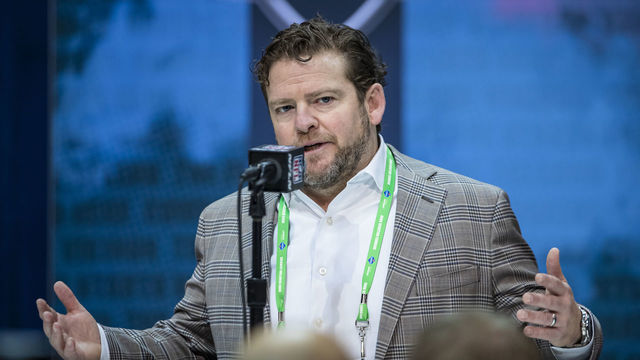 INDIANAPOLIS, IN - FEBRUARY 25: General manager John Schneider of the Seattle Seahawks speaks to the media at the Indiana Convention Center on February 25, 2020 in Indianapolis, Indiana. *** Local Capture *** John Schneider