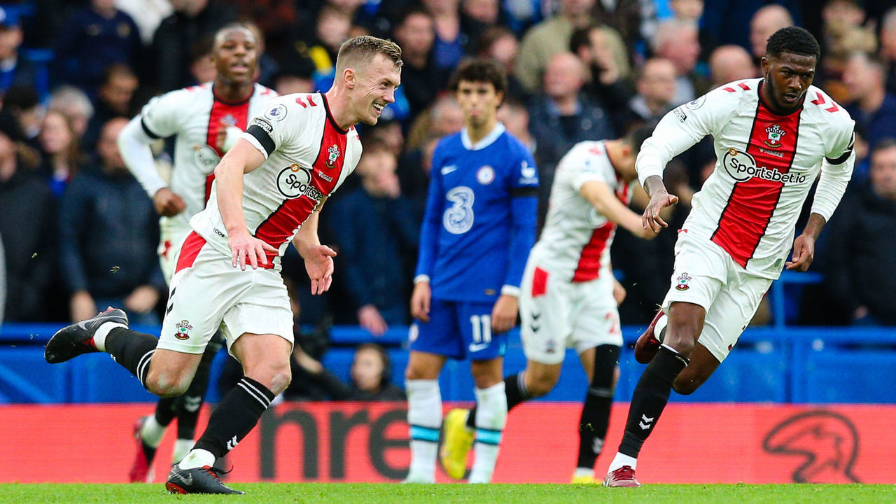 LONDON, ENGLAND - FEBRUARY 18: James Ward-Prowse of Southampton celebrates scoring the opening goal during the Premier League match between Chelsea FC and Southampton FC at Stamford Bridge on February 18, 2023 in London, United Kingdom.