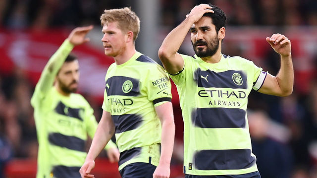 NOTTINGHAM, ENGLAND - FEBRUARY 18: Ilkay Guendogan of Manchester City reacts during the Premier League match between Nottingham Forest and Manchester City at City Ground on February 18, 2023 in Nottingham, England.