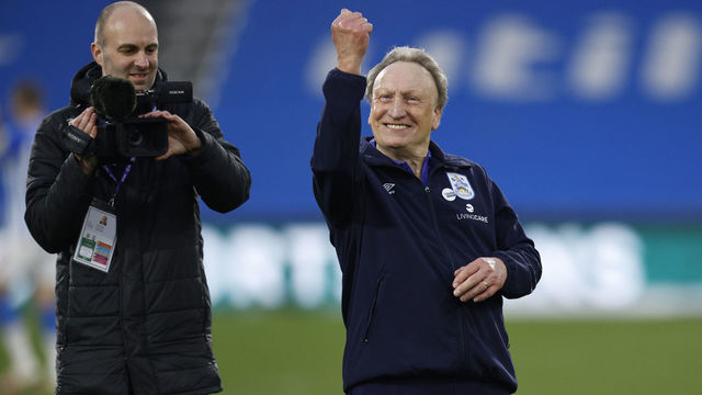 HUDDERSFIELD, ENGLAND - FEBRUARY 18: Neil Warnock Head Coach of Huddersfield Town celebrates winning his first game in charge at the final whistle of the Sky Bet Championship match between Huddersfield Town and Birmingham City at The John Smith's Stadium on February 18, 2023 in Huddersfield, England.