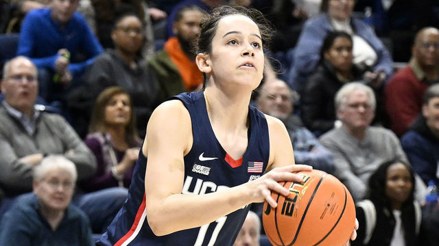 WASHINGTON, DC - FEBRUARY 11: Lou Lopez Senechal #11 of the UConn Huskies handles the ball against the Georgetown Hoyas at Entertainment & Sports Arena on February 11, 2023 in Washington, DC.