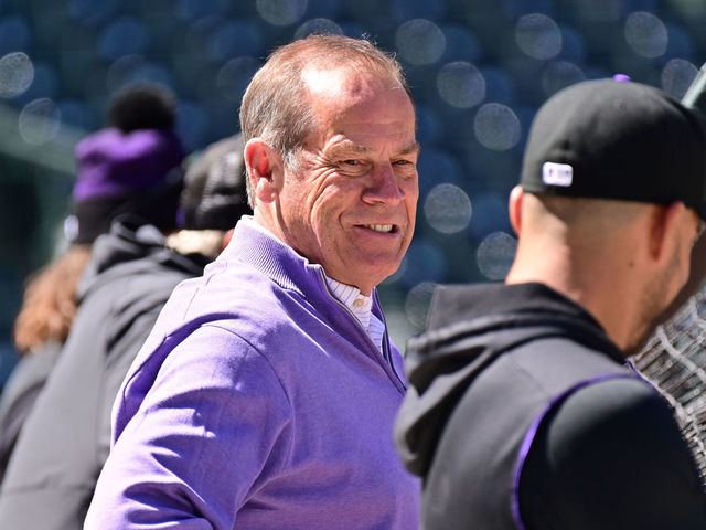 DENVER, CO - APRIL 7 : Colorado Rockies owner Dick Monfort is watching the batting practice during the team workout at Coors Field in Denver, Colorado on Thursday, April 7, 2022.