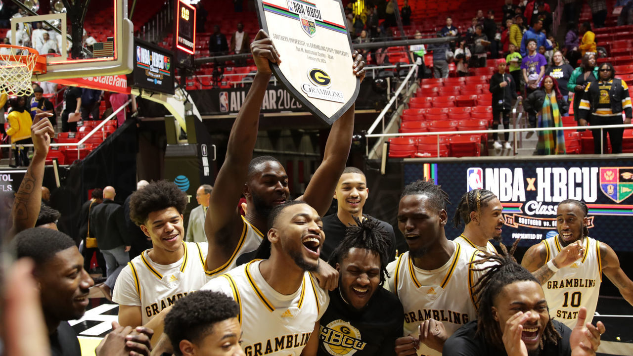 SALT LAKE CITY, UT - FEBRUARY 18: Grambling State University celebrates during NBA HBCU Classic as part of 2023 NBA All Star Weekend on Saturday, February 18, 2023 at the Jon M. Huntsman Center in Salt Lake City, Utah. NOTE TO USER: User expressly acknowledges and agrees that, by downloading and/or using this Photograph, user is consenting to the terms and conditions of the Getty Images License Agreement. Mandatory Copyright Notice: Copyright 2023 NBAE