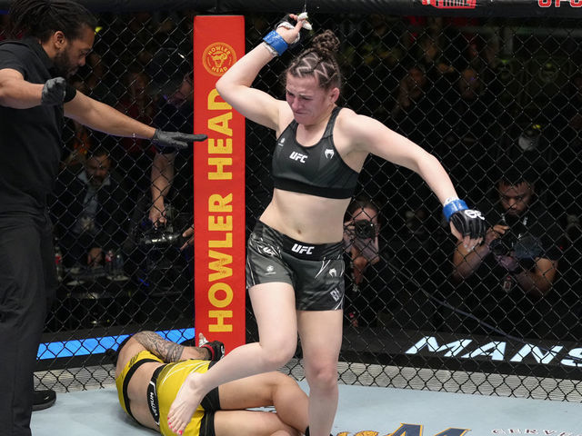 LAS VEGAS, NEVADA - FEBRUARY 18: Erin Blanchfield reacts after her submission victory over Jessica Andrade of Brazil in a flyweight fight during the UFC Fight Night event at UFC APEX on February 18, 2023 in Las Vegas, Nevada.