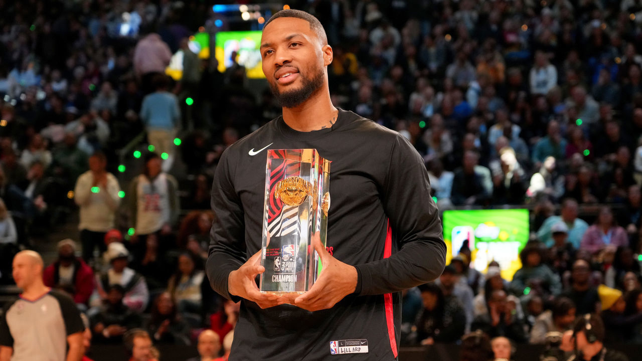SALT LAKE CITY, UT - FEBRUARY 18: Damian Lillard #0 of the Portland Trail Blazers poses for a portrait with the Starry 3-Point Contest trophy as part of 2023 NBA All Star Weekend on Saturday, February 18, 2023 at Vivint Arena in Salt Lake City, Utah. NOTE TO USER: User expressly acknowledges and agrees that, by downloading and/or using this Photograph, user is consenting to the terms and conditions of the Getty Images License Agreement. Mandatory Copyright Notice: Copyright 2023 NBAE