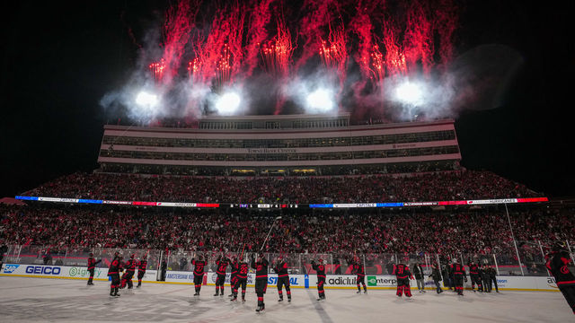 RALEIGH, NORTH CAROLINA - FEBRUARY 18: The Carolina Hurricanes celebrate after defeating the Washington Capitals in the 2023 Navy Federal Credit Union NHL Stadium Series game at Carter-Finley Stadium on February 18, 2023 in Raleigh, North Carolina.