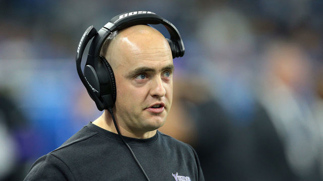 Minnesota Vikings wide reivers coach Drew Petzing is seen during the second half of an NFL football game against the Detroit Lions in Detroit, Michigan USA, on Sunday, October 20, 2019