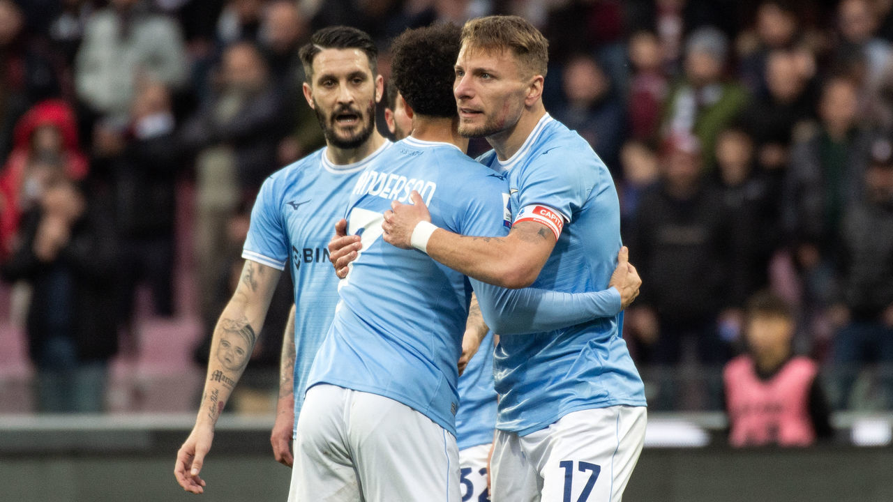 SALERNO, ITALY - FEBRUARY 19: Ciro Immobile of SS Lazio after scoring a goal to make it 0-1 during the Serie A match between Salernitana and SS Lazio at Stadio Arechi on February 19, 2023 in Salerno, Italy.