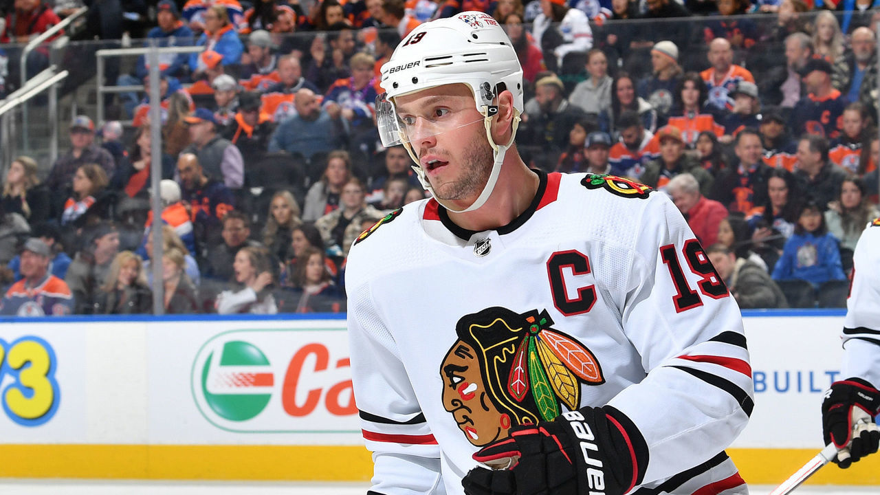 EDMONTON, CANADA - JANUARY 28: Jonathan Toews #19 of the Chicago Blackhawks skates during the game against the Edmonton Oilers on January 28, 2023 at Rogers Place in Edmonton, Alberta, Canada.