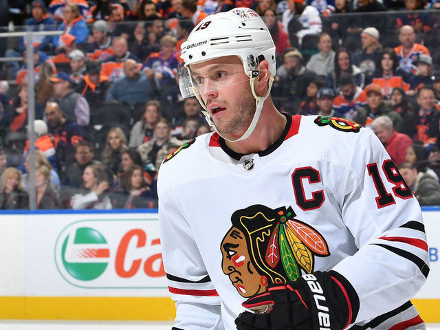EDMONTON, CANADA - JANUARY 28: Jonathan Toews #19 of the Chicago Blackhawks skates during the game against the Edmonton Oilers on January 28, 2023 at Rogers Place in Edmonton, Alberta, Canada.