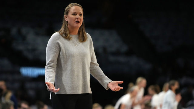 LAS VEGAS, NEVADA - MARCH 06: Utah Utes head coach Lynne Roberts reacts as her team plays the Stanford Cardinal during the championship game of the Pac-12 Conference women's basketball tournament at Michelob ULTRA Arena on March 06, 2022 in Las Vegas, Nevada.