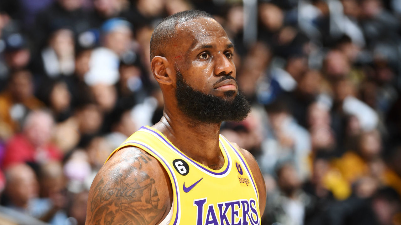 LOS ANGELES, CA - FEBRUARY 15: LeBron James #6 of the Los Angeles Lakers looks on during the game against the New Orleans Pelicans on February 15, 2023 at Crypto.Com Arena in Los Angeles, California. NOTE TO USER: User expressly acknowledges and agrees that, by downloading and/or using this Photograph, user is consenting to the terms and conditions of the Getty Images License Agreement. Mandatory Copyright Notice: Copyright 2023 NBAE