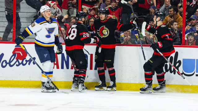 OTTAWA, ON - FEBRUARY 19: Ottawa Senators Center Tim Stutzle (18) celebrates his goal with teammates Right Wing Claude Giroux (28) an Left Wing Brady Tkachuk (7) during second period National Hockey League action between the St. Louis Blues and Ottawa Senators on February 19, 2023, at Canadian Tire Centre in Ottawa, ON, Canada.