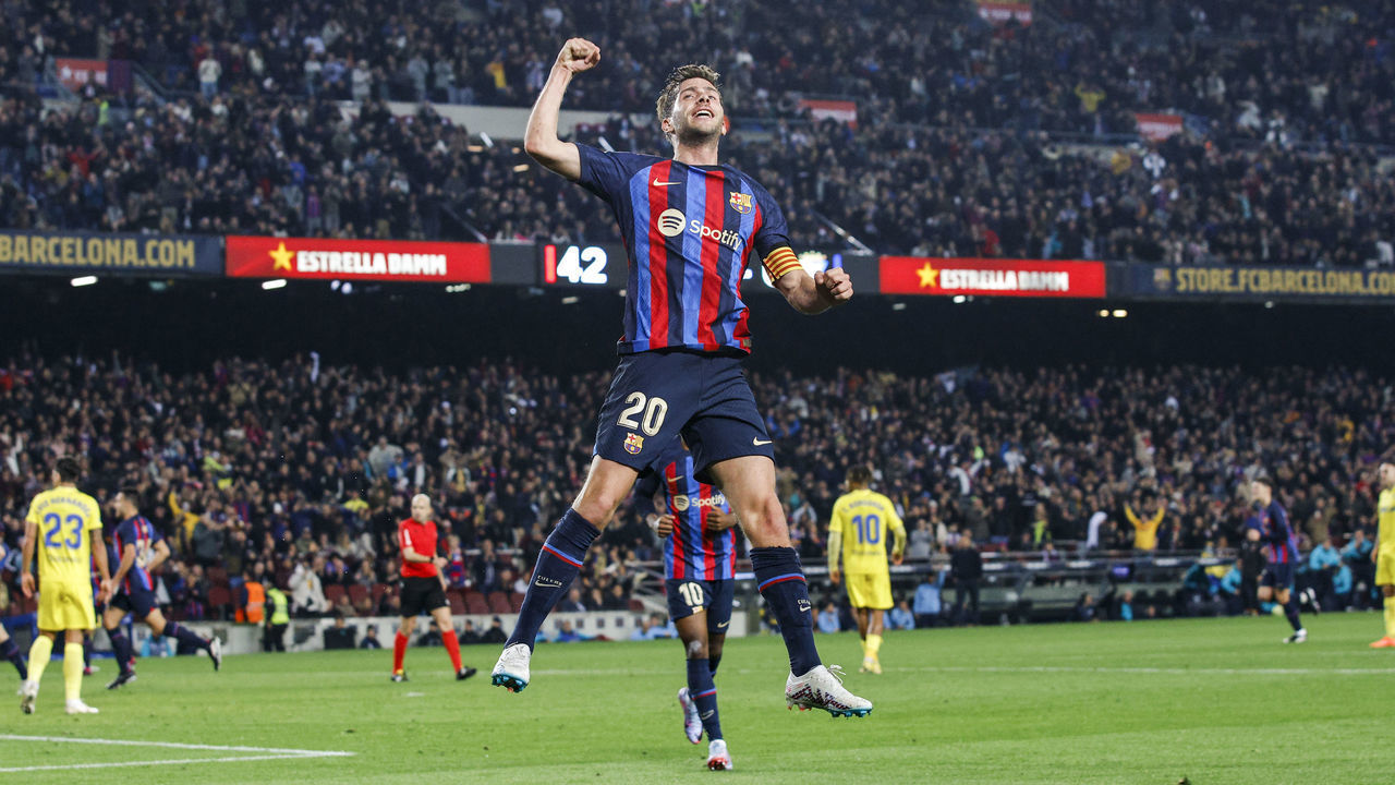 20 Sergi Roberto of FC Barcelona celebrates after scoring a goal during the La Liga match between FC Barcelona v Cadiz CF at Spotify Camp Nou Stadium in Barcelona, Spain, on February 19th, 2023.