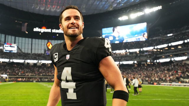 LAS VEGAS, NEVADA - DECEMBER 18: Derek Carr #4 of the Las Vegas Raiders celebrates on the field after defeating the New England Patriots at Allegiant Stadium on December 18, 2022 in Las Vegas, Nevada.