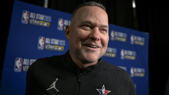 SALT LAKE CITY, UT - FEBRUARY 19: Denver Nuggets head coach Michael Malone speaks with the media after the NBA All Star game at Vivint Arena in Salt Lake City, Utah on Sunday, February 19, 2023.