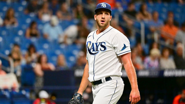 ST PETERSBURG, FLORIDA - JULY 15: Colin Poche #38 of the Tampa Bay Rays walks off the field in the middle of the eighth inning against the Baltimore Orioles at Tropicana Field on July 15, 2022 in St Petersburg, Florida.