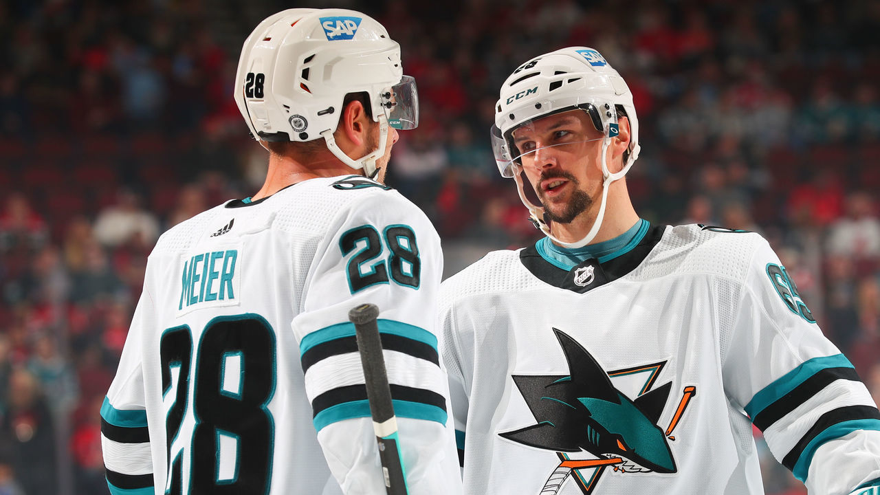 NEWARK, NJ - OCTOBER 22: San Jose Sharks defenseman Erik Karlsson (65) and San Jose Sharks right wing Timo Meier (28) against the New Jersey Devils on October 22, 2022 at the Prudential Center in Newark, New Jersey.