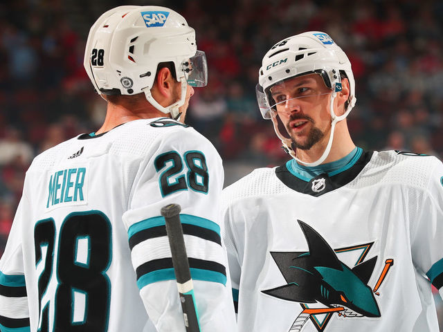 NEWARK, NJ - OCTOBER 22: San Jose Sharks defenseman Erik Karlsson (65) and San Jose Sharks right wing Timo Meier (28) against the New Jersey Devils on October 22, 2022 at the Prudential Center in Newark, New Jersey.