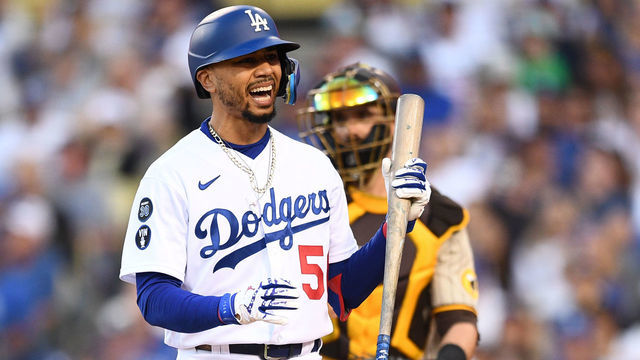 LOS ANGELES, CA - OCTOBER 12: Los Angeles Dodgers right fielder Mookie Betts (50) reacts after striking out during the NLDS Game 2 between the San Diego Padres and the Los Angeles Dodgers on October 12, 2022 at Dodger Stadium in Los Angeles, CA.