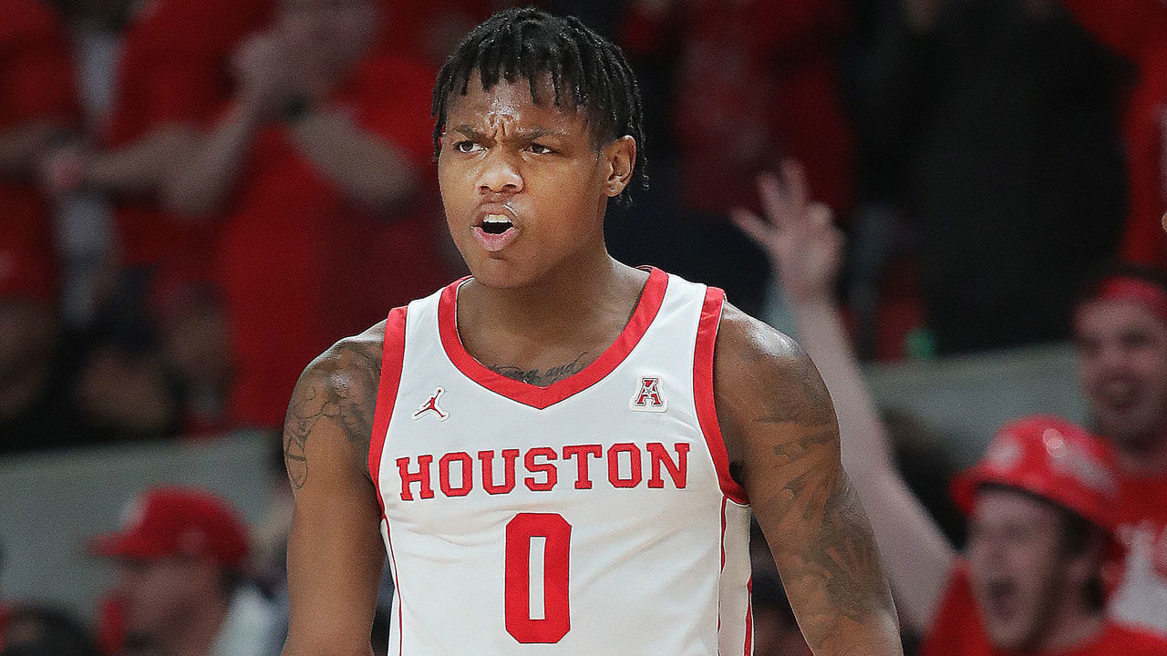 HOUSTON, TEXAS - FEBRUARY 08: Marcus Sasser #0 of the Houston Cougars against the Tulsa Golden Hurricane at Fertitta Center on February 08, 2023 in Houston, Texas.