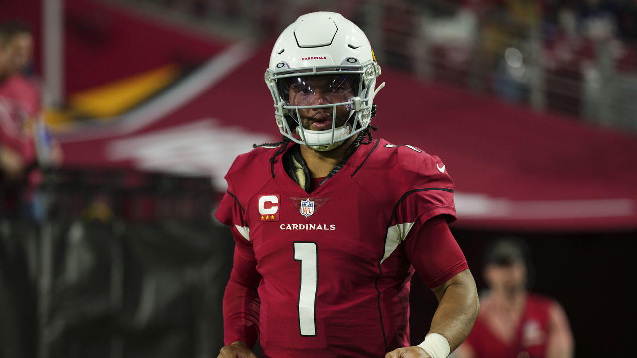 GLENDALE, AZ - DECEMBER 12: Kyler Murray #1 of the Arizona Cardinals runs onto the field against the New England Patriots at State Farm Stadium on December 12, 2022 in Glendale, Arizona.