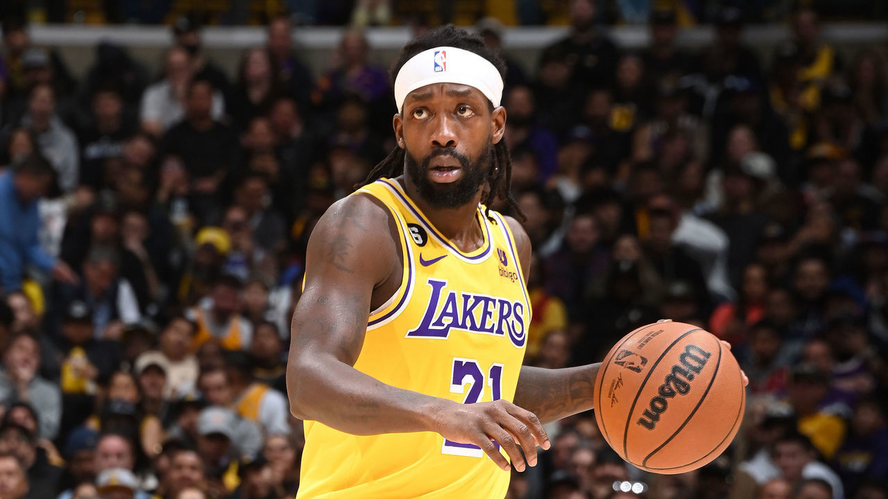 LOS ANGELES, CA - FEBRUARY 7: Patrick Beverley #21 of the Los Angeles Lakers dribbles the ball against the Oklahoma City Thunder on February 7, 2023 at Crypto.Com Arena in Los Angeles, California. NOTE TO USER: User expressly acknowledges and agrees that, by downloading and/or using this Photograph, user is consenting to the terms and conditions of the Getty Images License Agreement. Mandatory Copyright Notice: Copyright 2023 NBAE