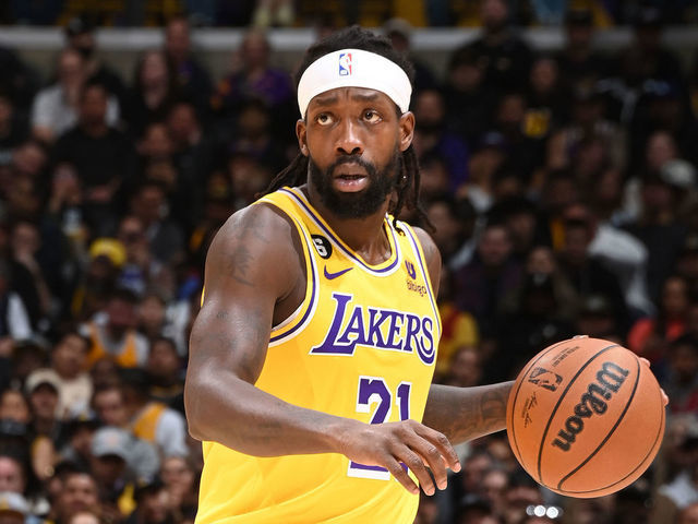 LOS ANGELES, CA - FEBRUARY 7: Patrick Beverley #21 of the Los Angeles Lakers dribbles the ball against the Oklahoma City Thunder on February 7, 2023 at Crypto.Com Arena in Los Angeles, California. NOTE TO USER: User expressly acknowledges and agrees that, by downloading and/or using this Photograph, user is consenting to the terms and conditions of the Getty Images License Agreement. Mandatory Copyright Notice: Copyright 2023 NBAE