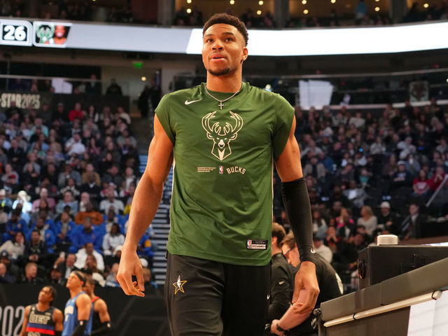 SALT LAKE CITY, UT - FEBRUARY 18: Giannis Antetokounmpo #34 of the Milwaukee Bucks looks on during the Kia Skills Challenge as part of 2023 NBA All Star Weekend on Saturday, February 18, 2023 at Vivint Arena in Salt Lake City, Utah. NOTE TO USER: User expressly acknowledges and agrees that, by downloading and/or using this Photograph, user is consenting to the terms and conditions of the Getty Images License Agreement. Mandatory Copyright Notice: Copyright 2023 NBAE
