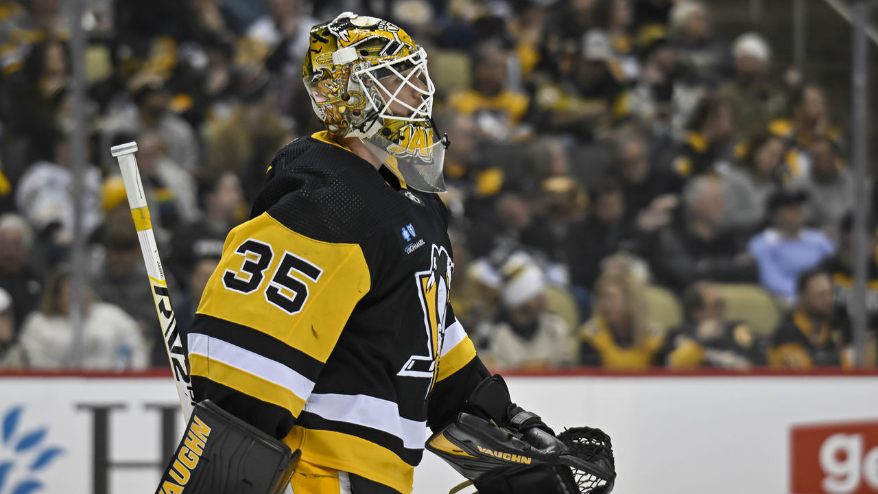 PITTSBURGH, PA - FEBRUARY 20: Pittsburgh Penguins Goalie Tristan Jarry (35) looks on during the second period in the NHL game between the Pittsburgh Penguins and the New York Islanders on February 20, 2023, at PPG Paints Arena in Pittsburgh, PA.