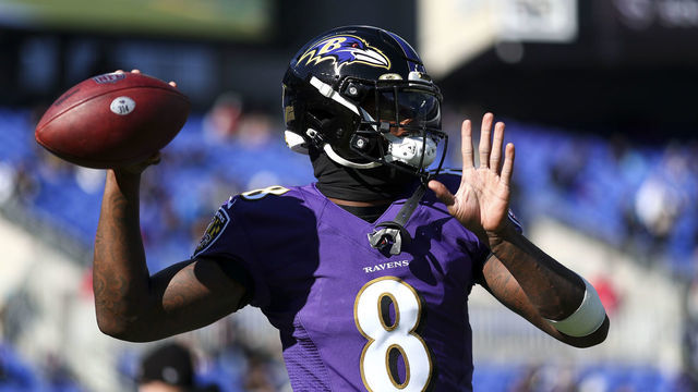 BALTIMORE, MD - NOVEMBER 20: Lamar Jackson #8 of the Baltimore Ravens warms up prior to an NFL football game against the Carolina Panthers at M&T Bank Stadium on November 20, 2022 in Baltimore, Maryland.