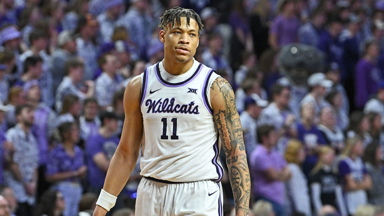 MANHATTAN, KS - FEBRUARY 18: Keyontae Johnson #11 of the Kansas State Wildcats looks to the bench against the Iowa State Cyclones during a game in the first half at Bramlage Coliseum on February 18, 2023 in Manhattan, Kansas.