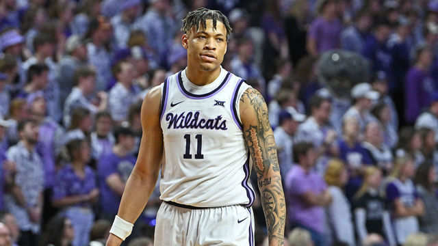 MANHATTAN, KS - FEBRUARY 18: Keyontae Johnson #11 of the Kansas State Wildcats looks to the bench against the Iowa State Cyclones during a game in the first half at Bramlage Coliseum on February 18, 2023 in Manhattan, Kansas.