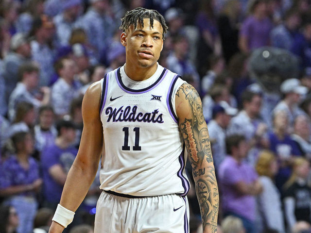 MANHATTAN, KS - FEBRUARY 18: Keyontae Johnson #11 of the Kansas State Wildcats looks to the bench against the Iowa State Cyclones during a game in the first half at Bramlage Coliseum on February 18, 2023 in Manhattan, Kansas.