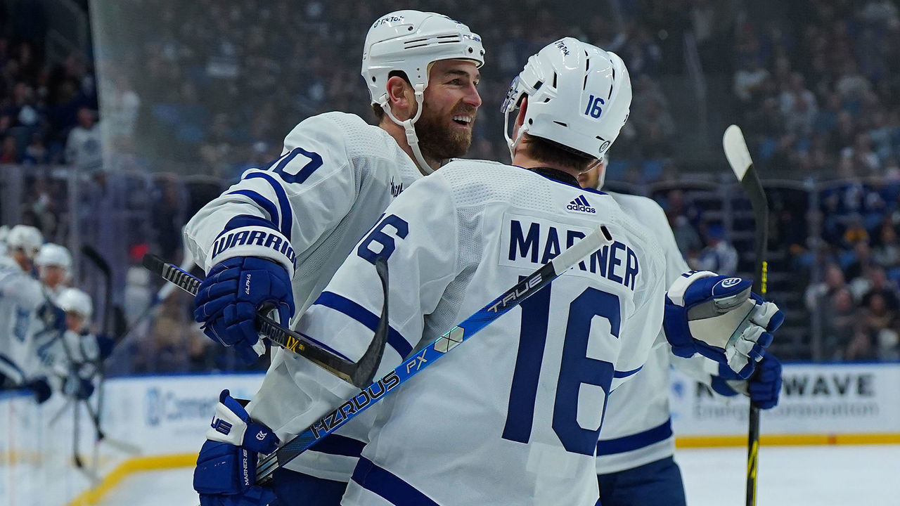 BUFFALO, NY - FEBRUARY 21: Ryan O'Reilly #90 of the Toronto Maple Leafs celebrates scoring a goal with Mitchell Marner #16 during the first period of the game against the Buffalo Sabres at KeyBank Center on February 21, 2023 in Buffalo, New York.