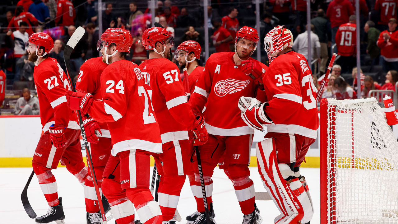 WASHINGTON, DC - FEBRUARY 21: The Detroit Red Wings celebrate a win against the Washington Capitals and at Capital One Arena on February 21, 2023 in Washington, D.C.