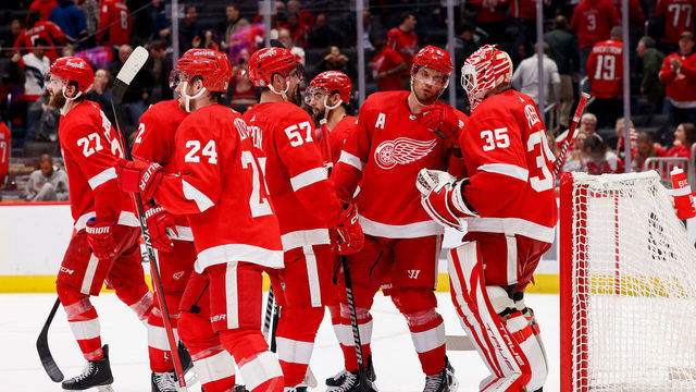 WASHINGTON, DC - FEBRUARY 21: The Detroit Red Wings celebrate a win against the Washington Capitals and at Capital One Arena on February 21, 2023 in Washington, D.C.