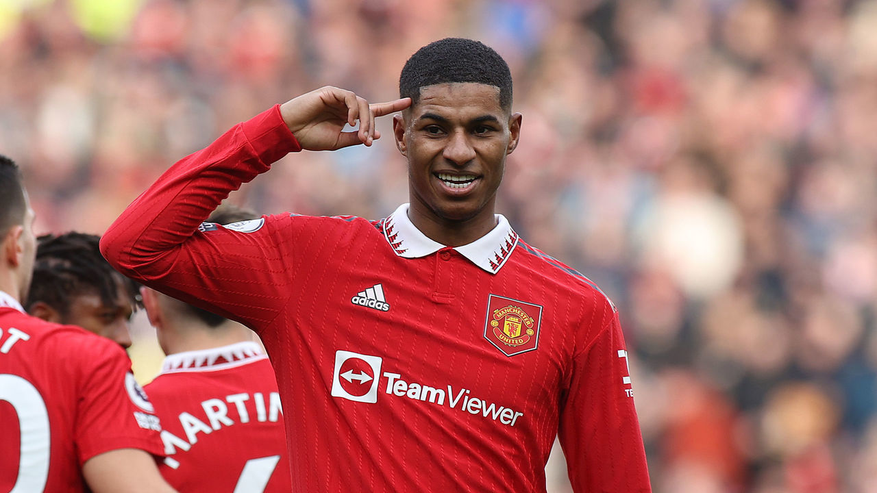 MANCHESTER, ENGLAND - FEBRUARY 19: Marcus Rashford of Manchester United celebrates scoring their second goal during the Premier League match between Manchester United and Leicester City at Old Trafford on February 19, 2023 in Manchester, England.