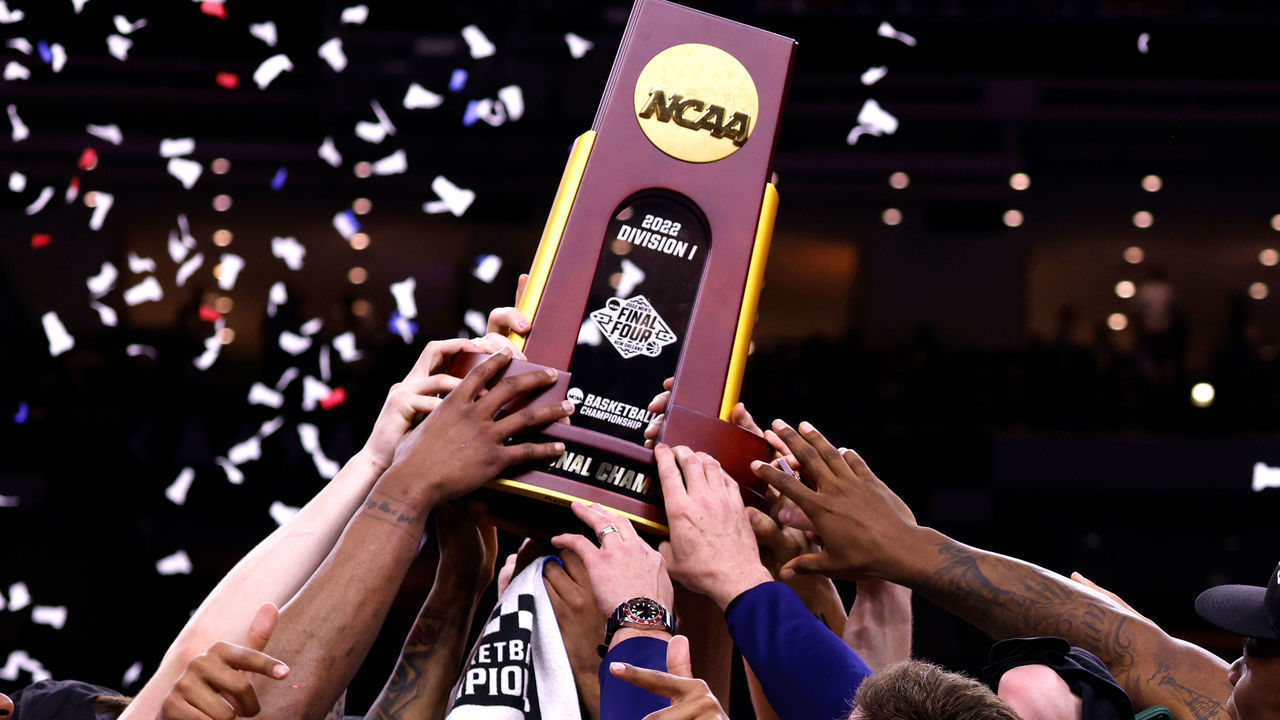 NEW ORLEANS, LA - APRIL 04: Head coach Bill Self of the Kansas Jayhawks celebrates with his team following their victory against the North Carolina Tar Heels during the 2022 NCAA Men's Basketball Tournament Final Four Championship at Caesars Superdome on April 4, 2022 in New Orleans, Louisiana.
