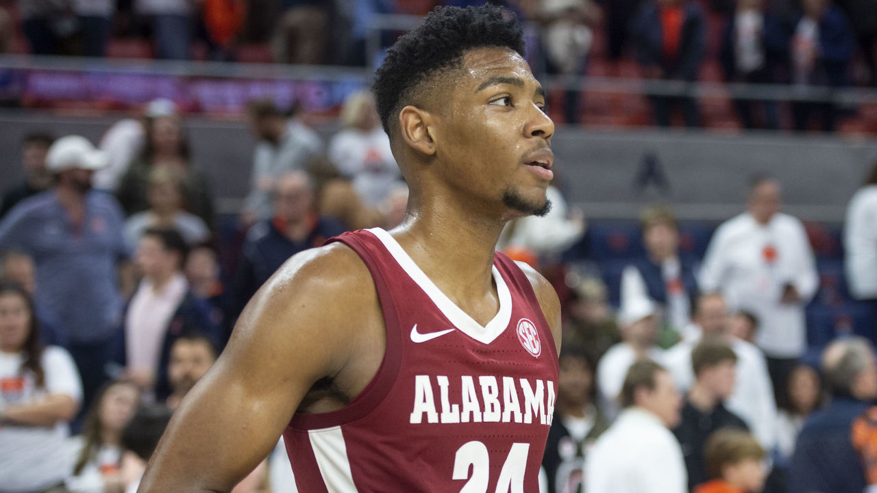 AUBURN, ALABAMA - FEBRUARY 11: Brandon Miller #24 of the Alabama Crimson Tide after defeating the Auburn Tigers at Neville Arena on February 11, 2023 in Auburn, Alabama.