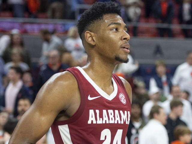 AUBURN, ALABAMA - FEBRUARY 11: Brandon Miller #24 of the Alabama Crimson Tide after defeating the Auburn Tigers at Neville Arena on February 11, 2023 in Auburn, Alabama.