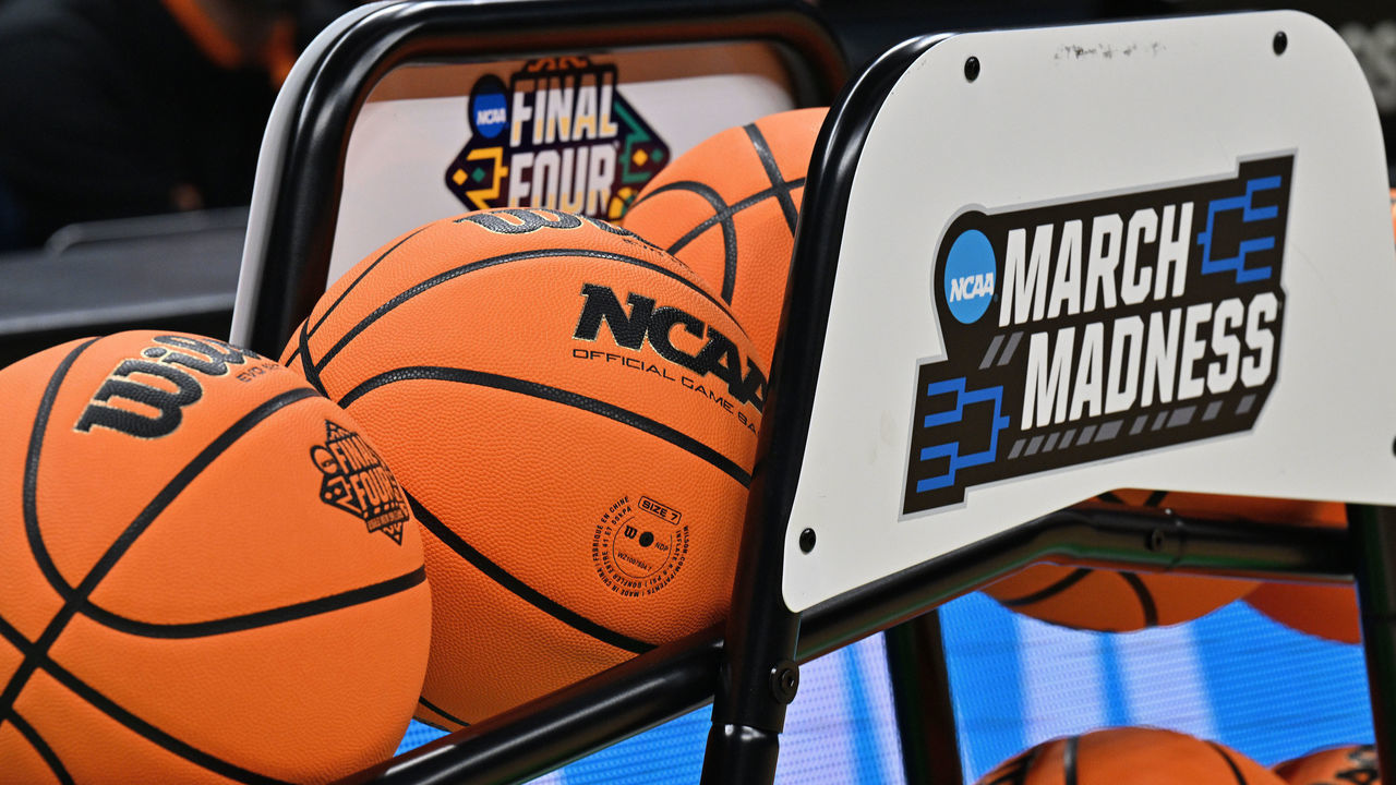 INDIANAPOLIS, IN - MARCH 19: A rack of basketballs courtside before a game between the Michigan Wolverines and the Tennessee Volunteers during the second round of the 2022 NCAA Men's Basketball Tournament held at Gainbridge Fieldhouse on March 19, 2022 in Indianapolis, Indiana.