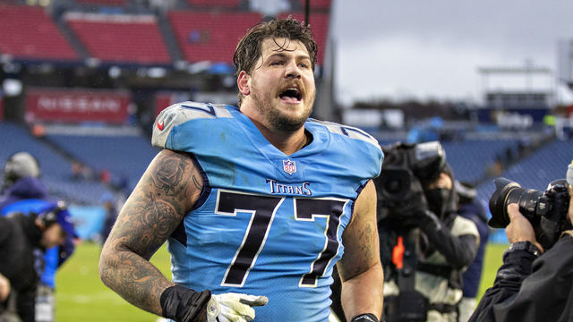 NASHVILLE, TENNESSEE - JANUARY 2: Taylor Lewan #77 of the Tennessee Titans celebrates after a game against the Miami Dolphins at Nissan Stadium on January 2, 2022 in Nashville, Tennessee. The Titans defeated the Dolphins 34-3.