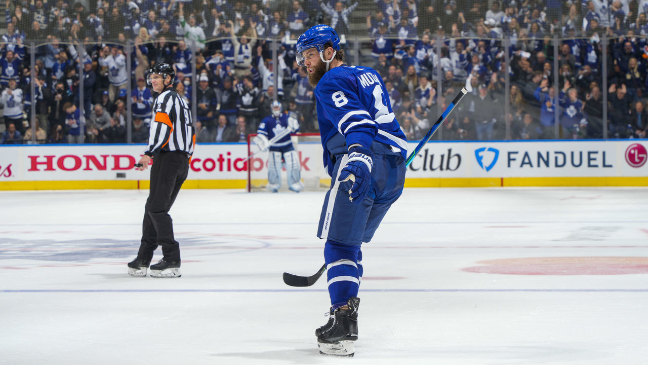 TORONTO, ON - MAY 2: Jake Muzzin #8 of the Toronto Maple Leafs celebrates his goal against the Tampa Bay Lightning during the first period in Game One of the First Round of the 2022 Stanley Cup Playoffs at the Scotiabank Arena on May 2, 2022 in Toronto, Ontario, Canada.