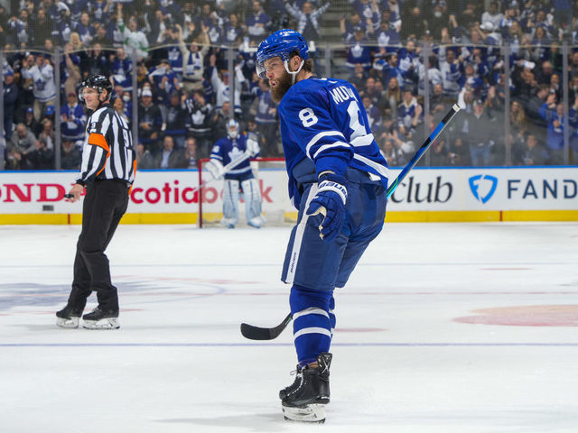 TORONTO, ON - MAY 2: Jake Muzzin #8 of the Toronto Maple Leafs celebrates his goal against the Tampa Bay Lightning during the first period in Game One of the First Round of the 2022 Stanley Cup Playoffs at the Scotiabank Arena on May 2, 2022 in Toronto, Ontario, Canada.