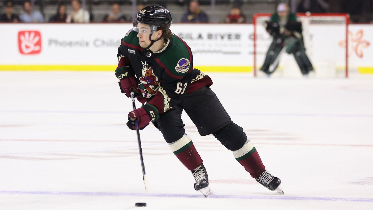 TEMPE, ARIZONA - DECEMBER 11: Dysin Mayo #61 of the Arizona Coyotes skates with the puck during the third period of the NHL game at Mullett Arena on December 11, 2022 in Tempe, Arizona. The Coyotes defeated the Flyers 5-4 in overtime.