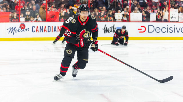 OTTAWA, ON - FEBRUARY 13: Ottawa Senators Defenceman Nikita Zaitsev (22) during warm-up before National Hockey League action between the Calgary Flames and Ottawa Senators on February 13, 2023, at Canadian Tire Centre in Ottawa, ON, Canada.