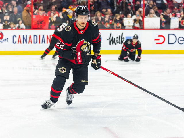 OTTAWA, ON - FEBRUARY 13: Ottawa Senators Defenceman Nikita Zaitsev (22) during warm-up before National Hockey League action between the Calgary Flames and Ottawa Senators on February 13, 2023, at Canadian Tire Centre in Ottawa, ON, Canada.